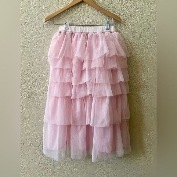 Ruffled Tiered Mesh Midi Skirt Sz Medium Pink Fairy Coquette Balletcore NWOT - Picture 3 of 7